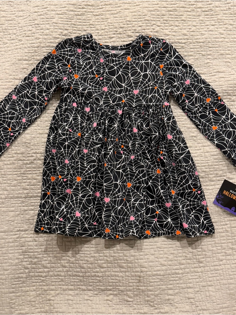 Girls' Black Spiderweb Halloween Dress with Pink & Orange Stars